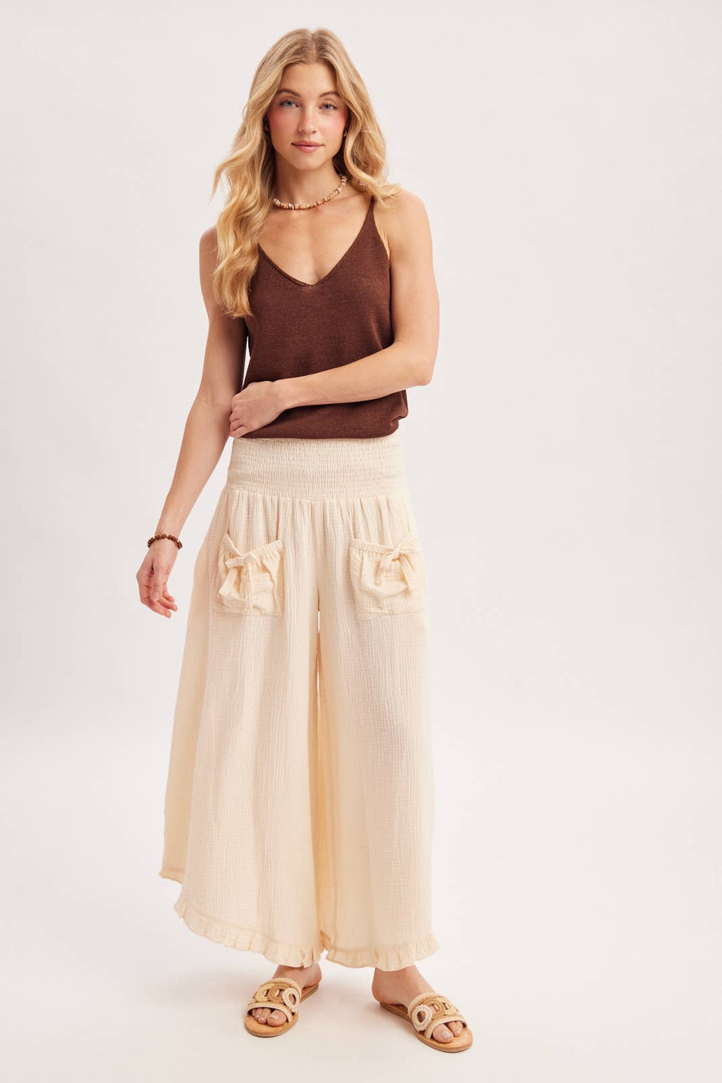 SMOCKED WAISTBAND RUFFLE TRIM WIDE LEG PANTS