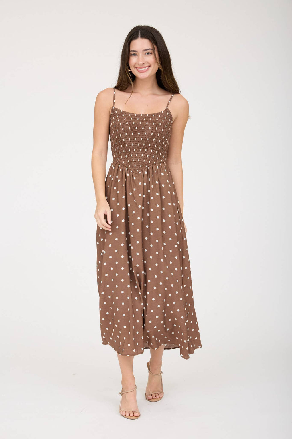 POLKA DOT SMOCKED BASQUE WAIST MIDI DRESS