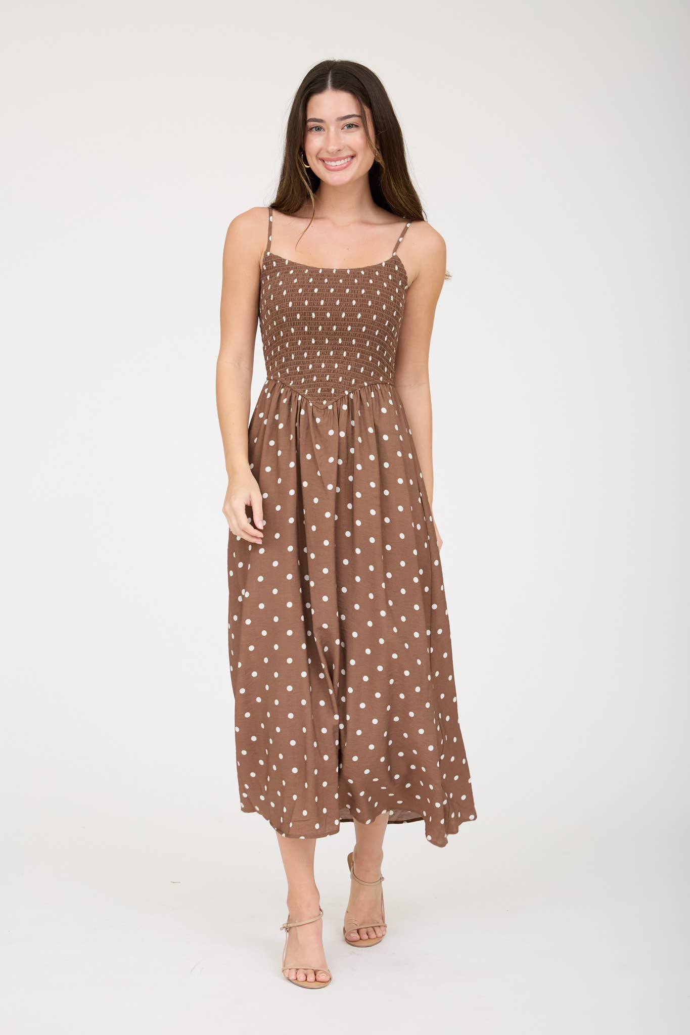 POLKA DOT SMOCKED BASQUE WAIST MIDI DRESS