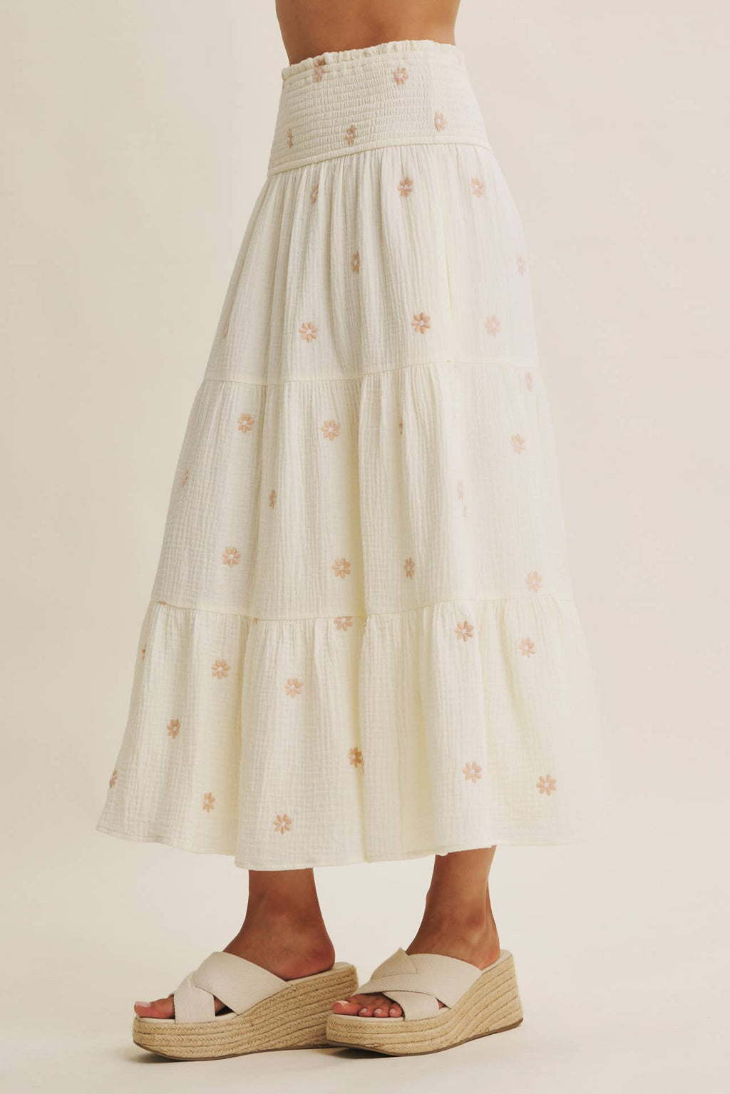 SUNSET FIELD EMBROIDERED COTTON GAUZE SMOCKED MIDI SKIRTS