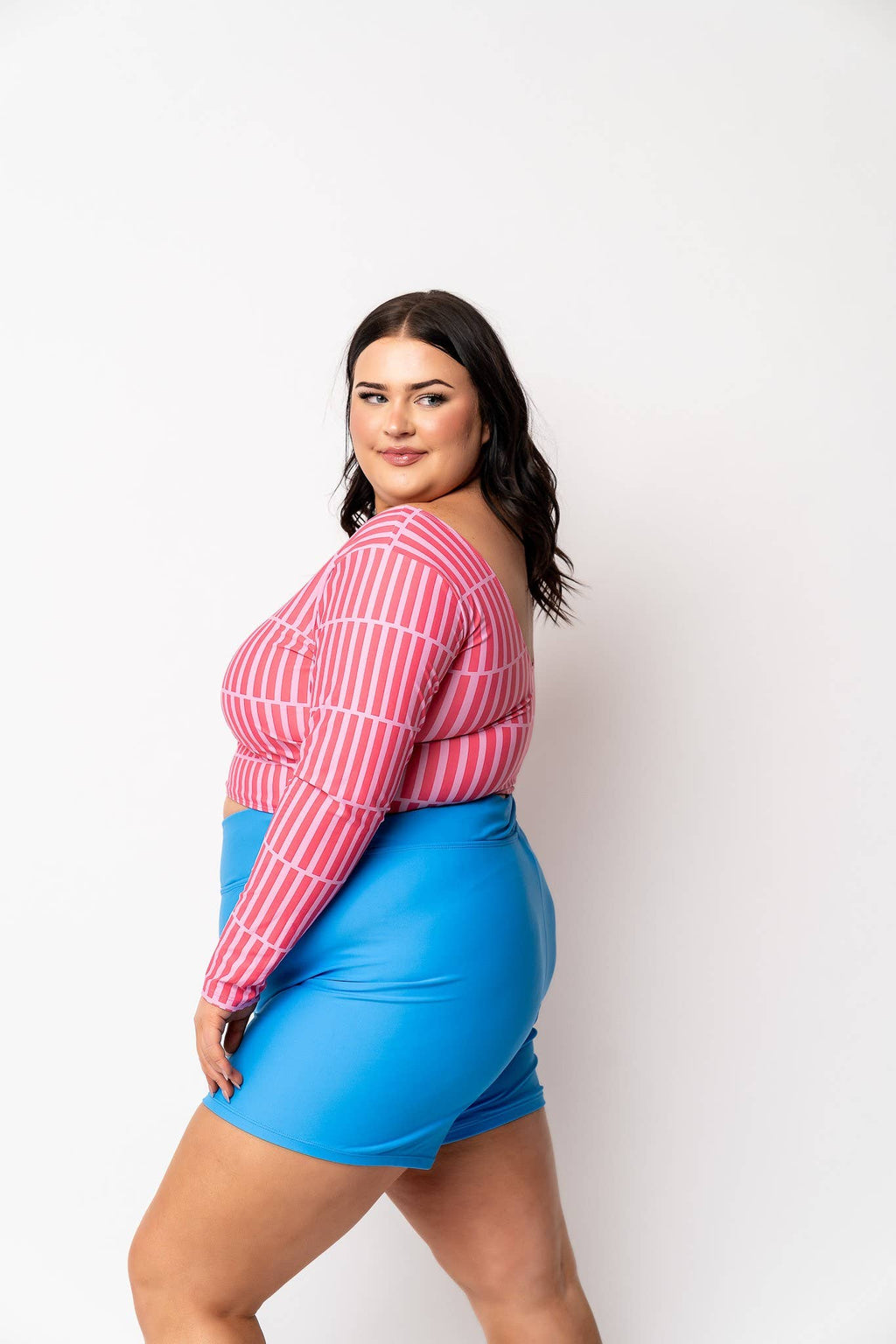 Pink Stripe Scoop Neck Rashguard Swim Top