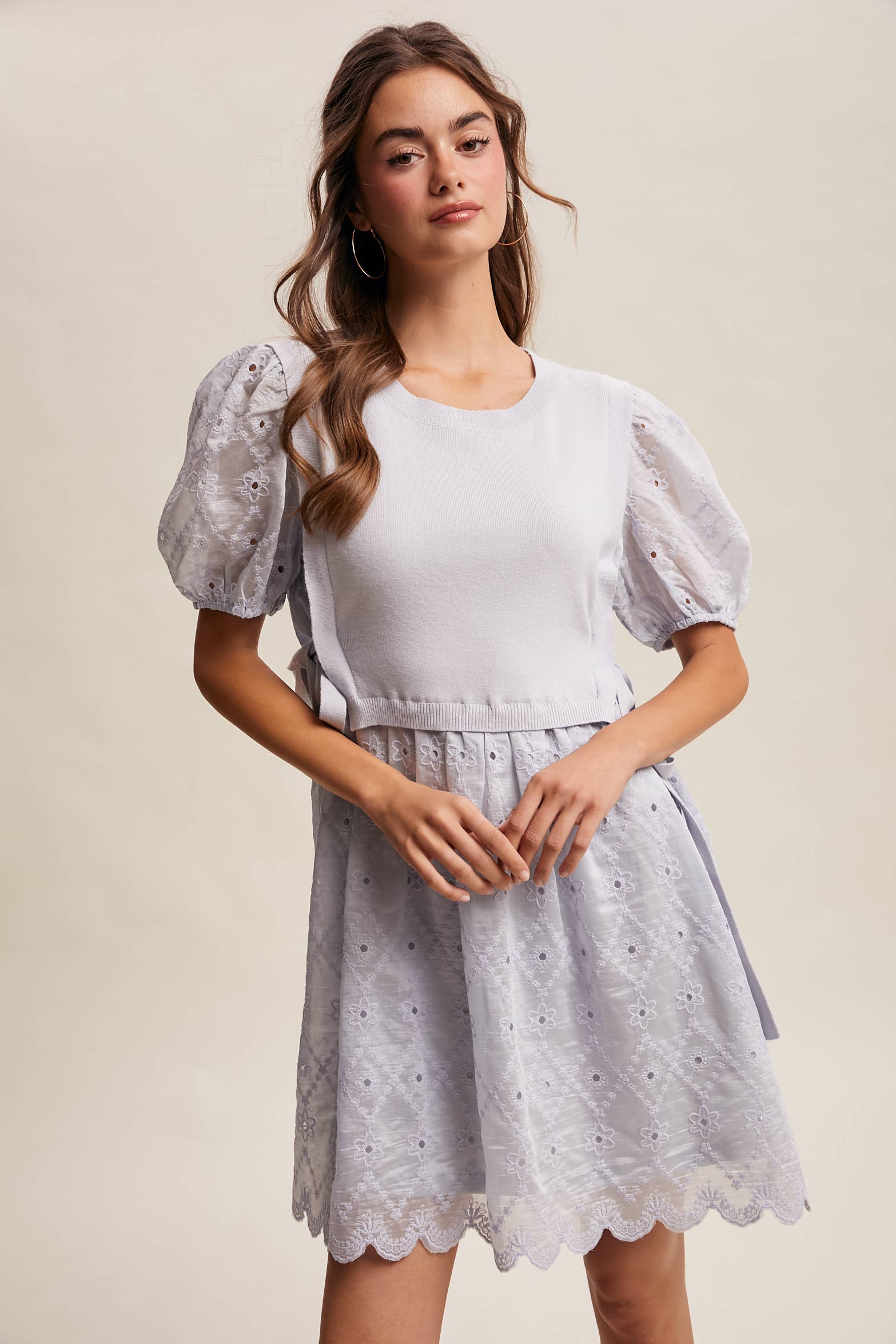 Embroidered Puff Sleeve Dress with Knit Vest LD1522