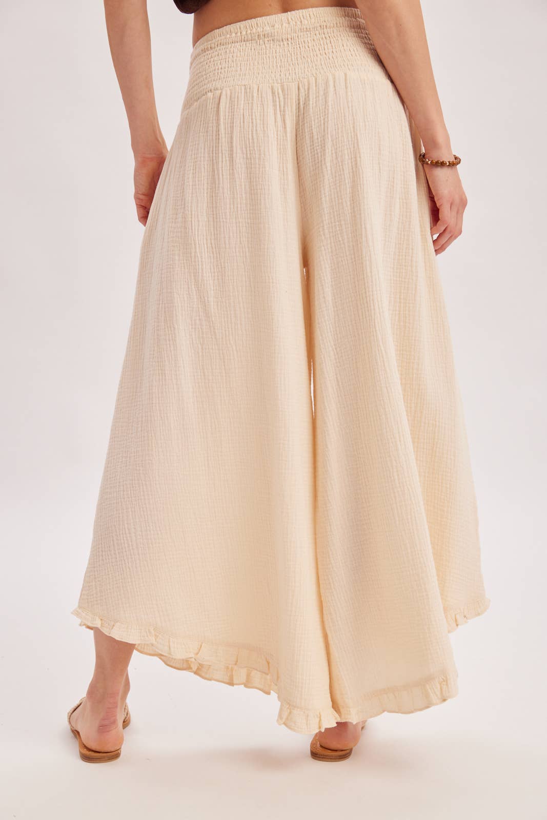SMOCKED WAISTBAND RUFFLE TRIM WIDE LEG PANTS