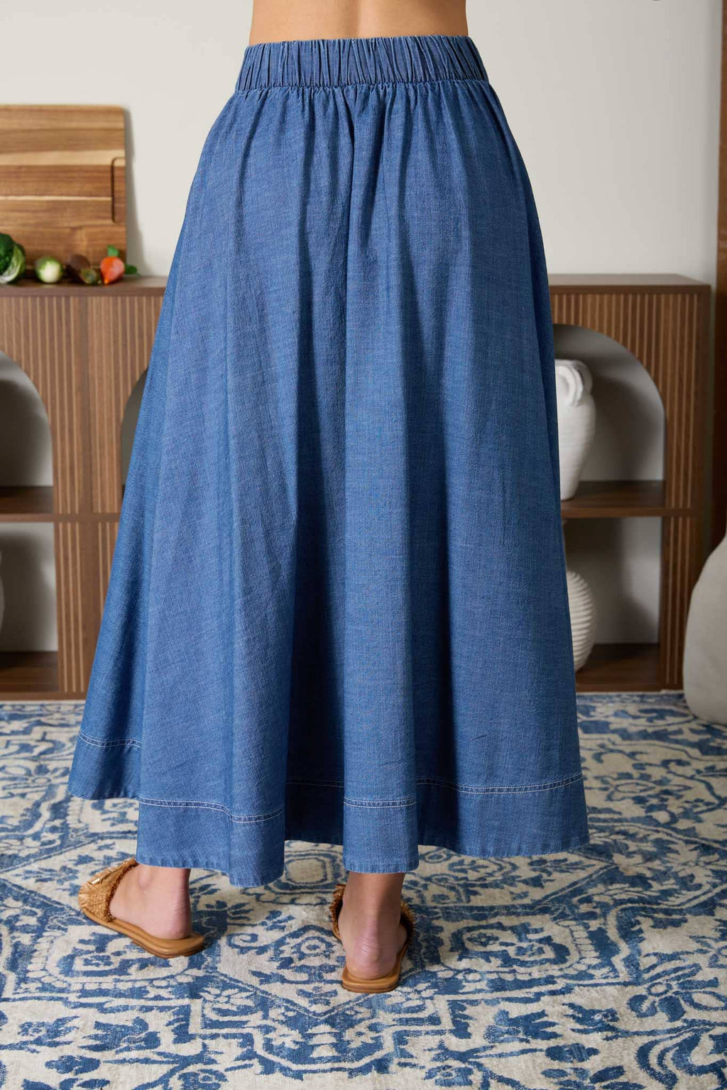 PLEATED HIGH WAIST DENIM MIDI SKIRT
