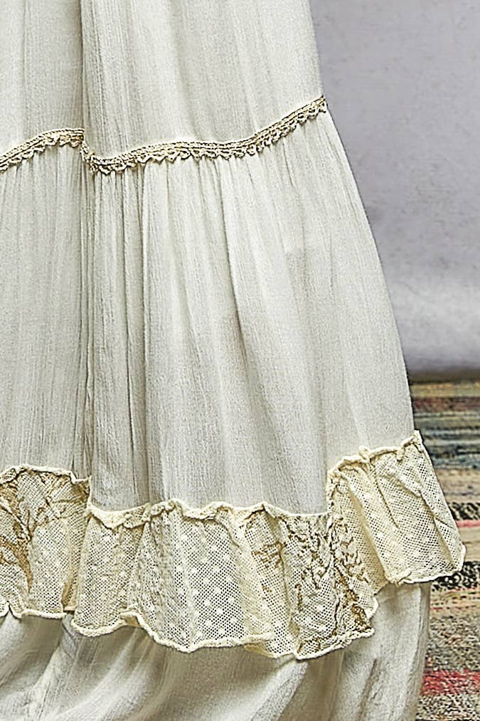 Smocked Waist Ruffle Embroidered Fringe Long Skirt