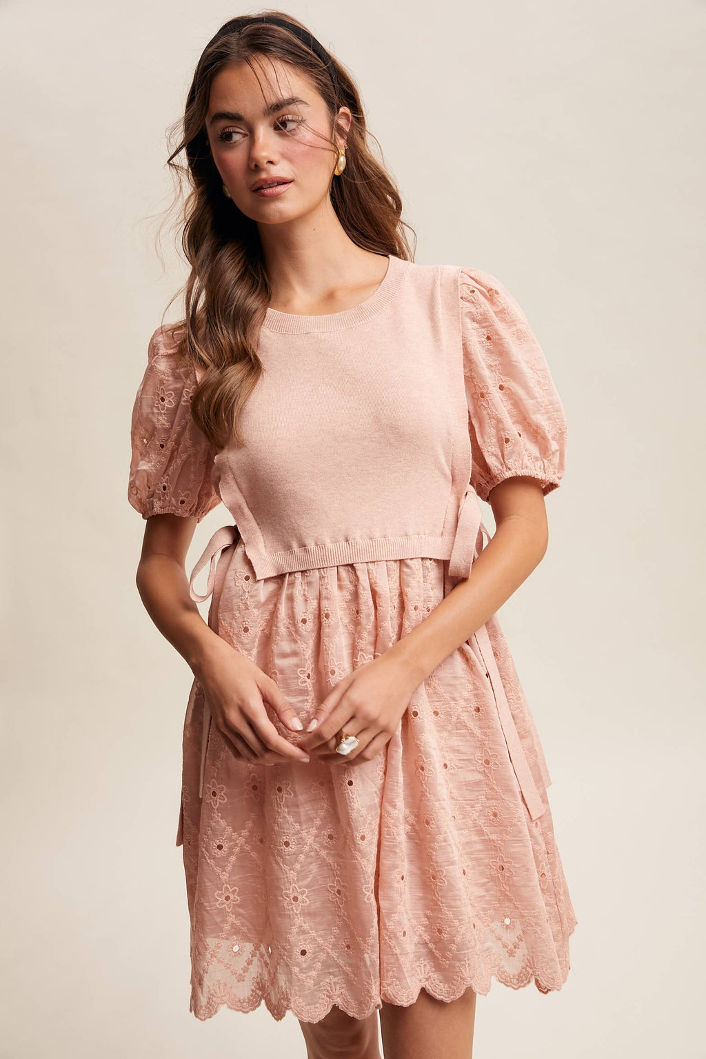 Embroidered Puff Sleeve Dress with Knit Vest LD1522