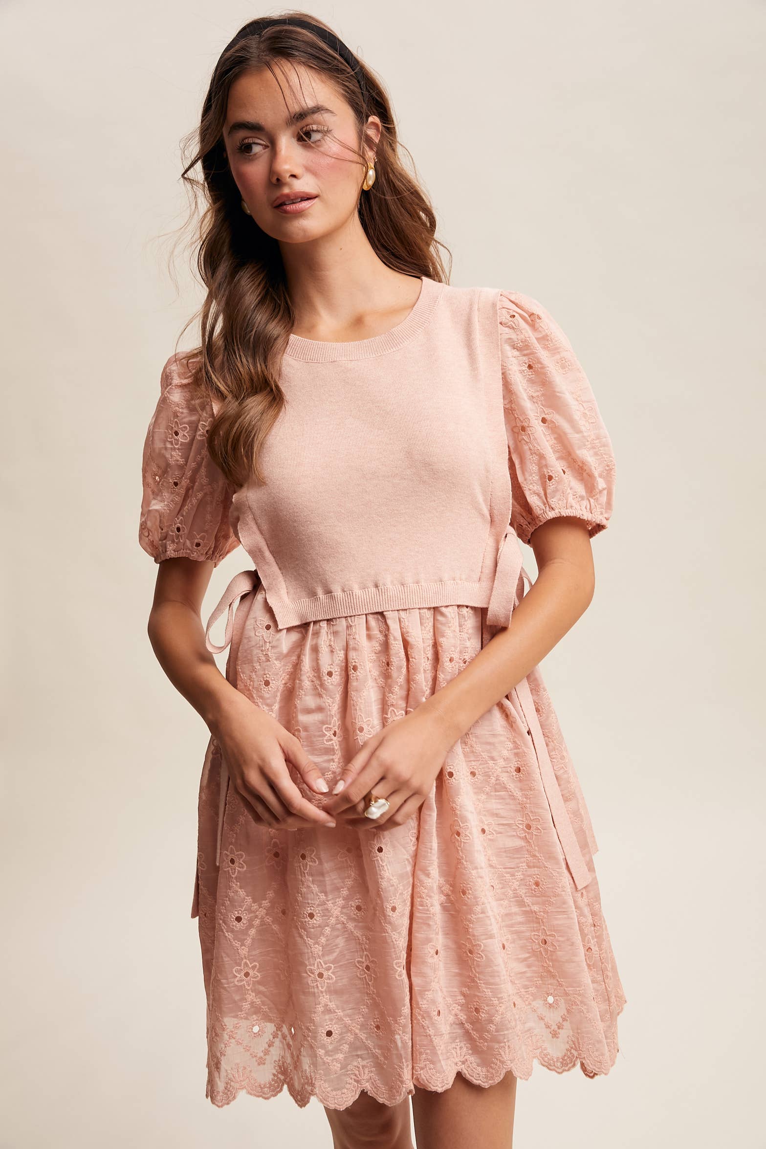 Embroidered Puff Sleeve Dress with Knit Vest LD1522