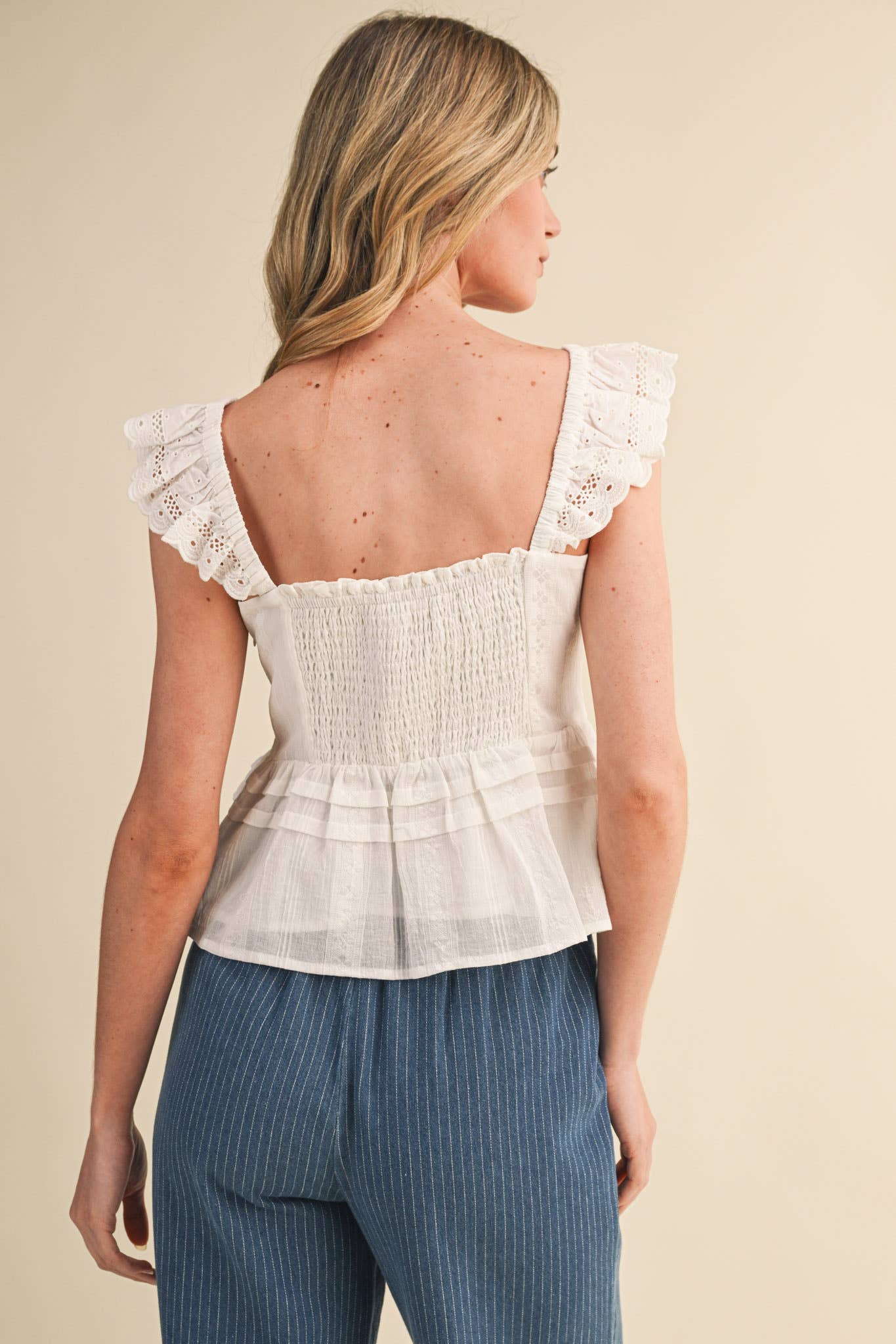 EYELET FLUTTER SLEEVE PEPLUM TOP MTP4953