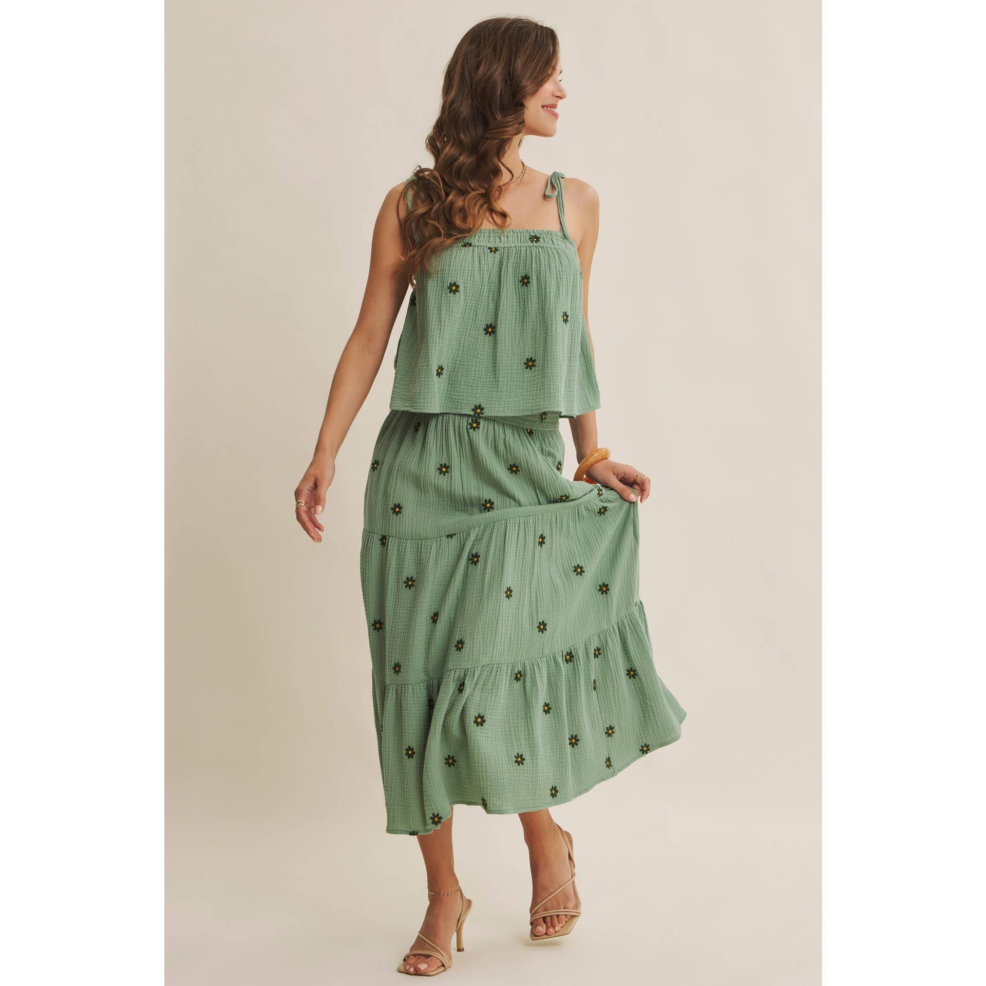 SUNSET FIELD EMBROIDERED COTTON GAUZE TANK WITH TIE STRAPS