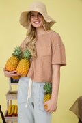 RAW EDGE EXPOSED SEAM SHORT SLEEVE KNIT CROP TOP