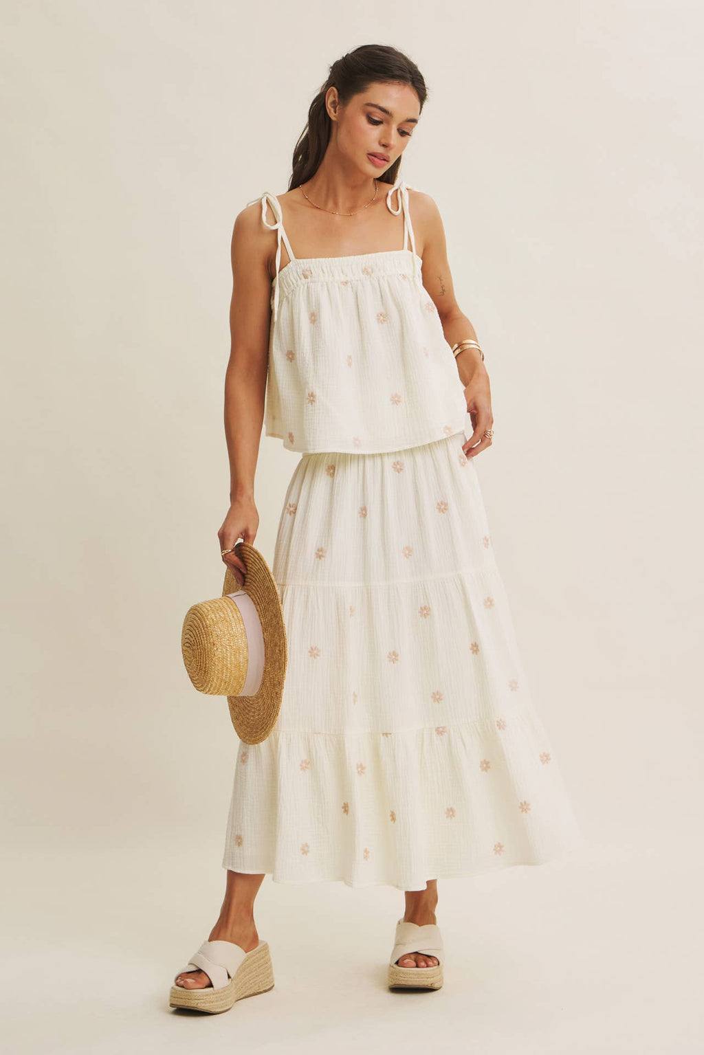 SUNSET FIELD EMBROIDERED COTTON GAUZE TANK WITH TIE STRAPS
