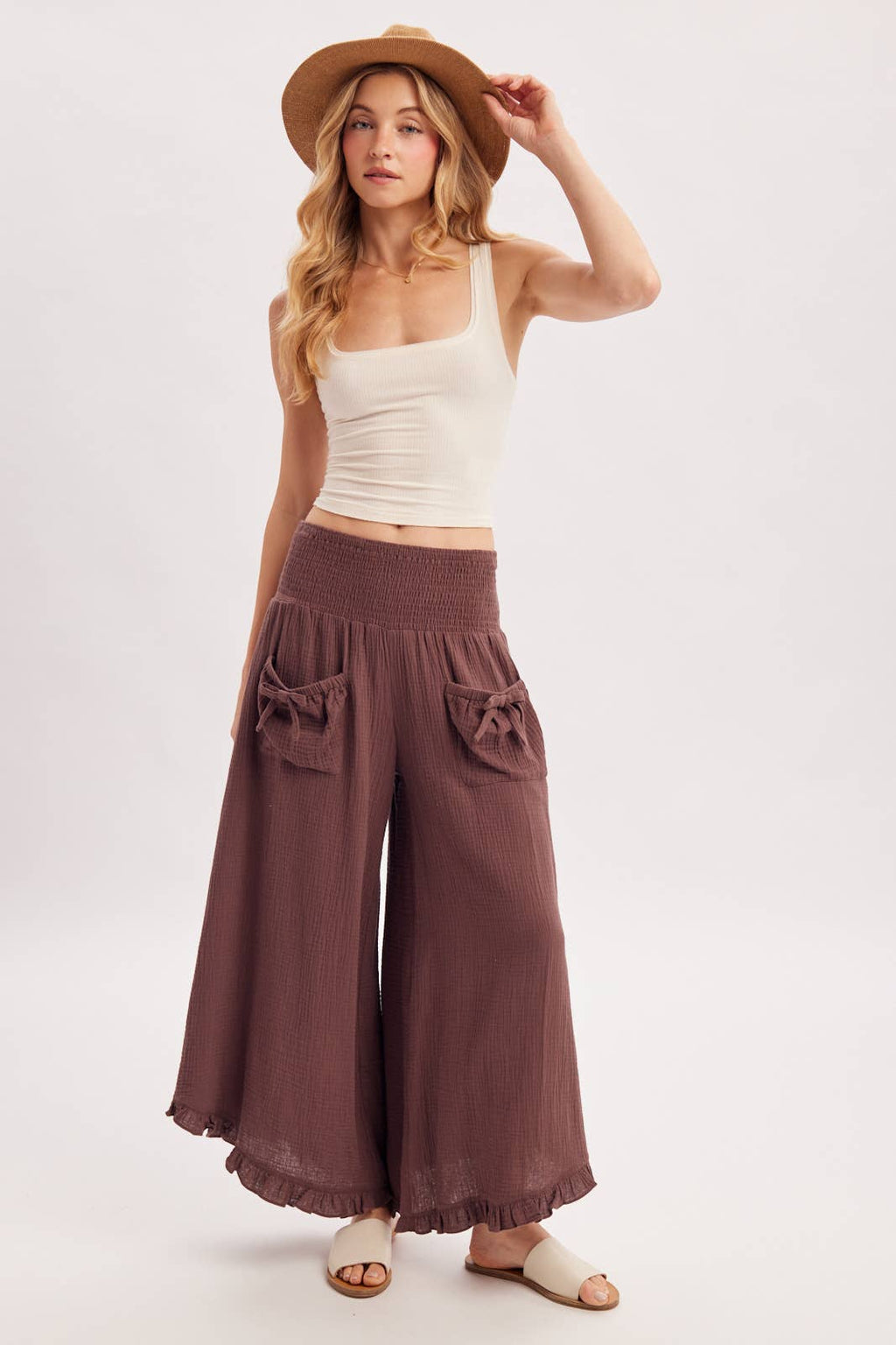 SMOCKED WAISTBAND RUFFLE TRIM WIDE LEG PANTS