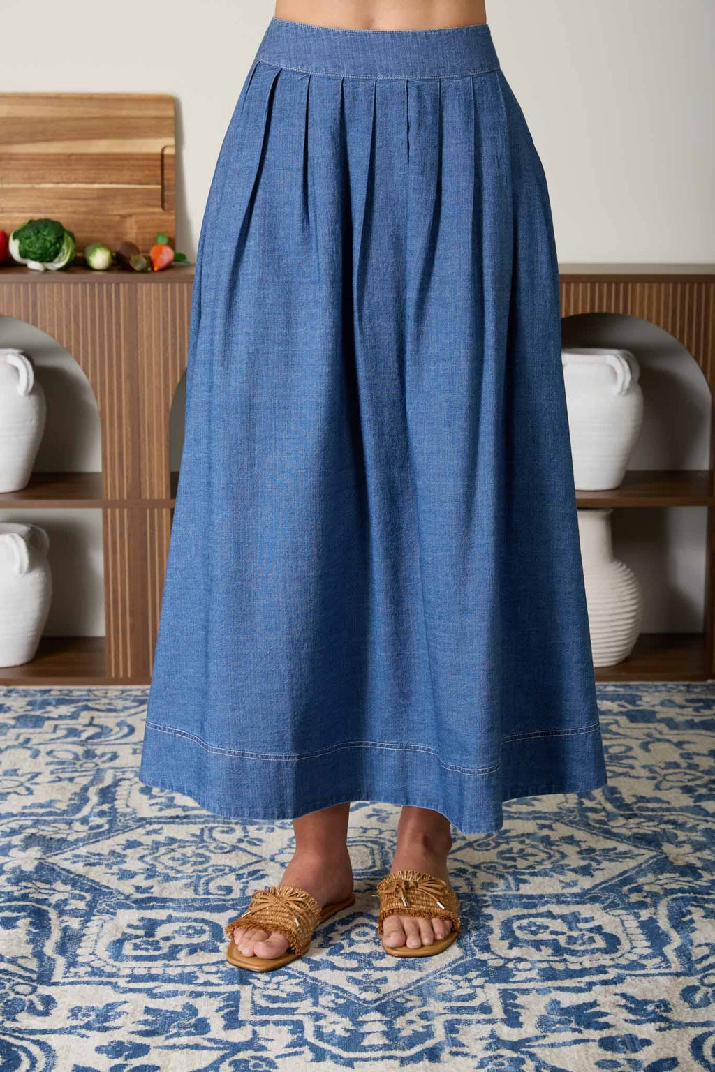 PLEATED HIGH WAIST DENIM MIDI SKIRT
