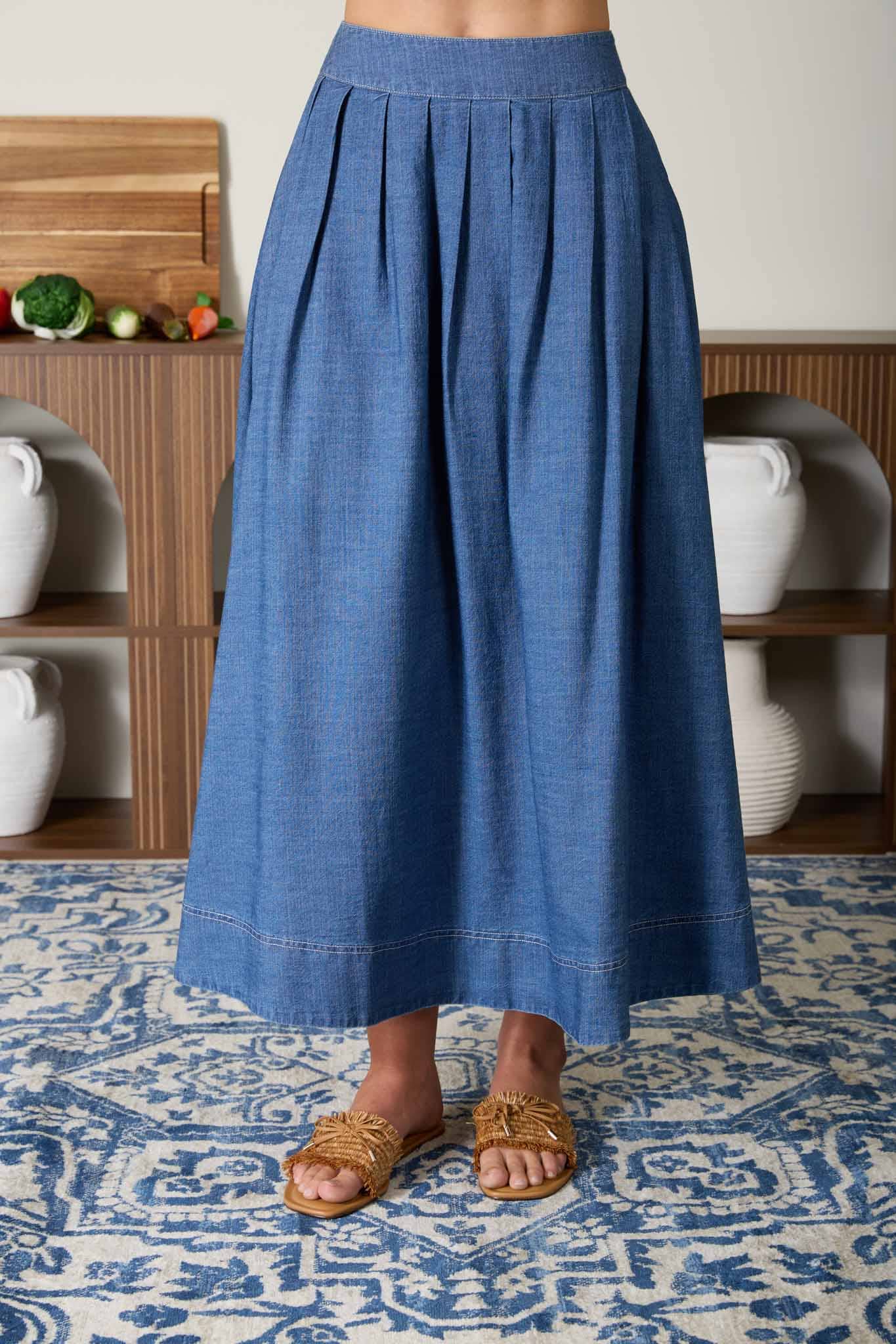 PLEATED HIGH WAIST DENIM MIDI SKIRT