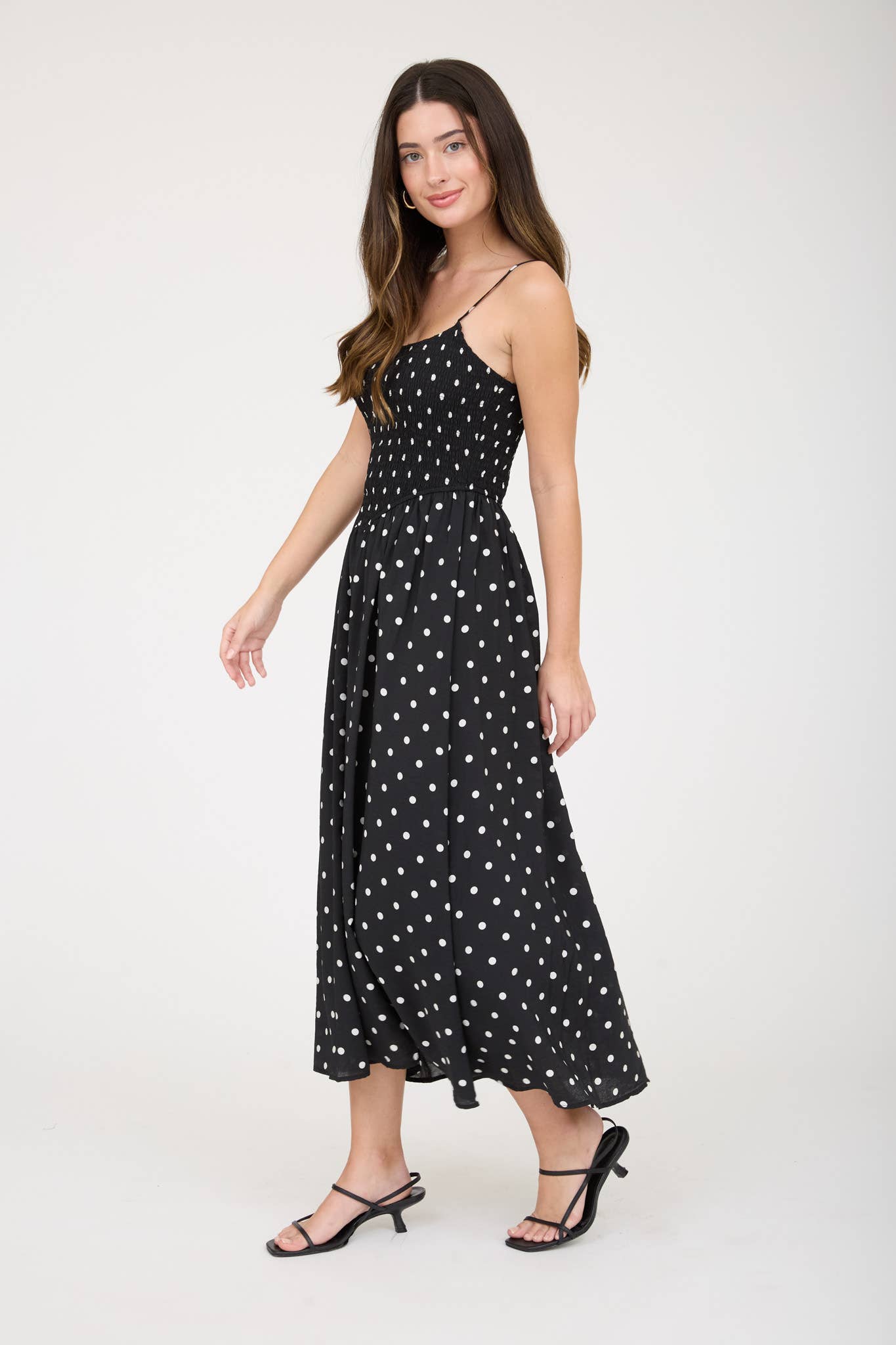 POLKA DOT SMOCKED BASQUE WAIST MIDI DRESS