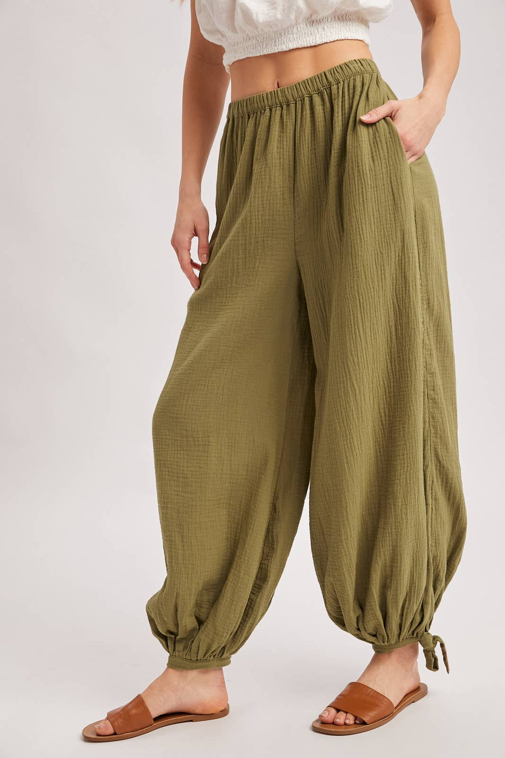 ELASTIC WAISTBAND CRINKLED GAUZE JOGGER PANTS