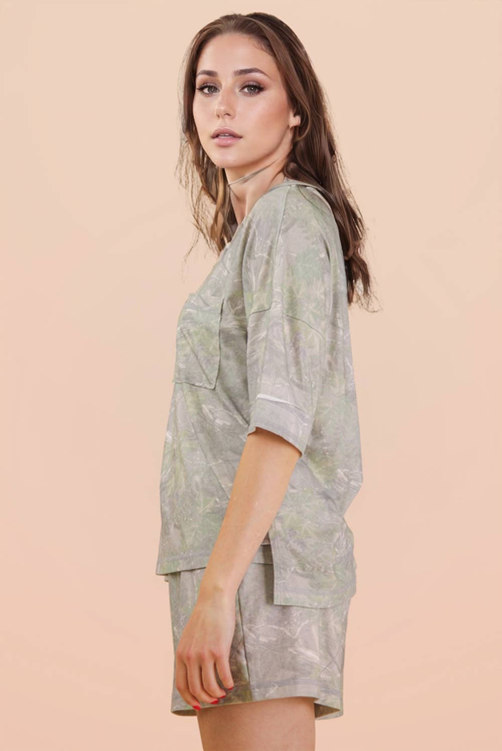 NT12458SET-Camo Print Casual Knit Top & Shorts Set