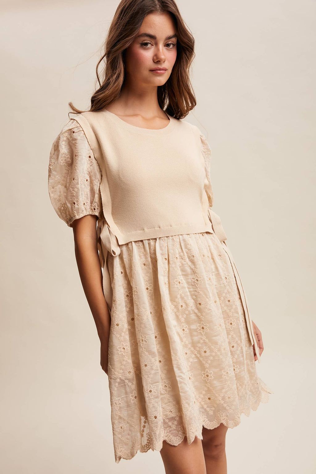 Embroidered Puff Sleeve Dress with Knit Vest LD1522