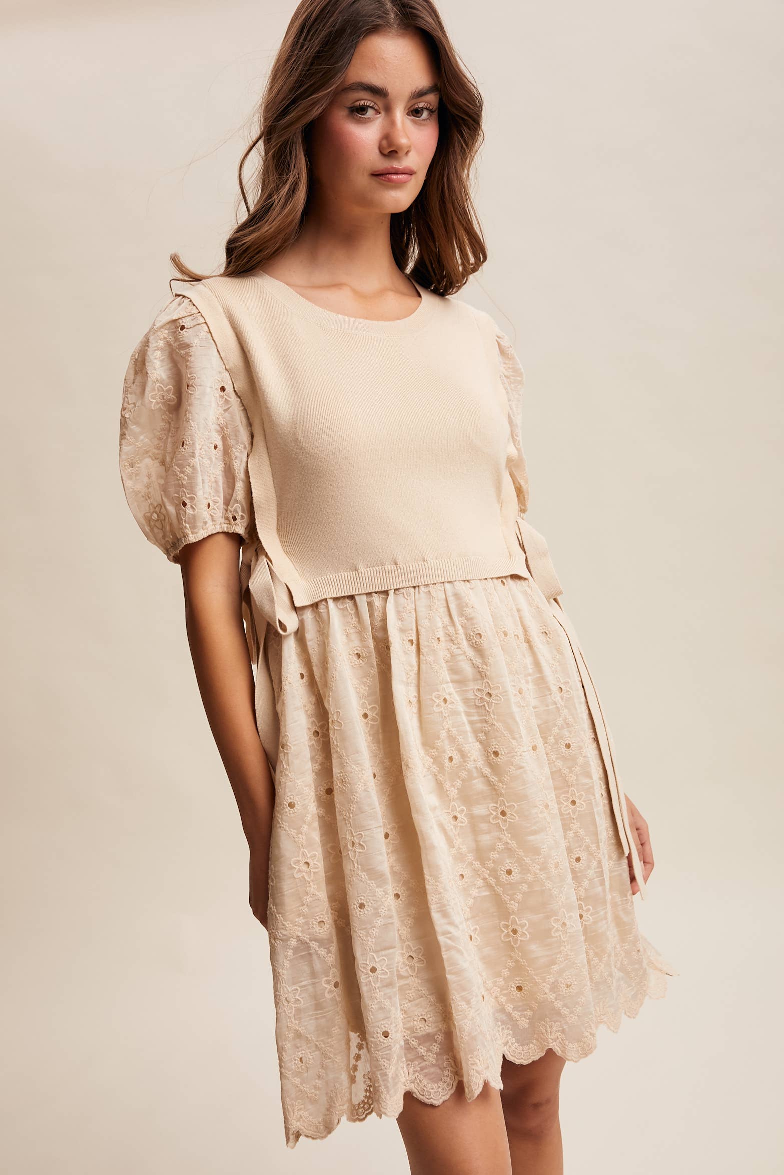 Embroidered Puff Sleeve Dress with Knit Vest LD1522
