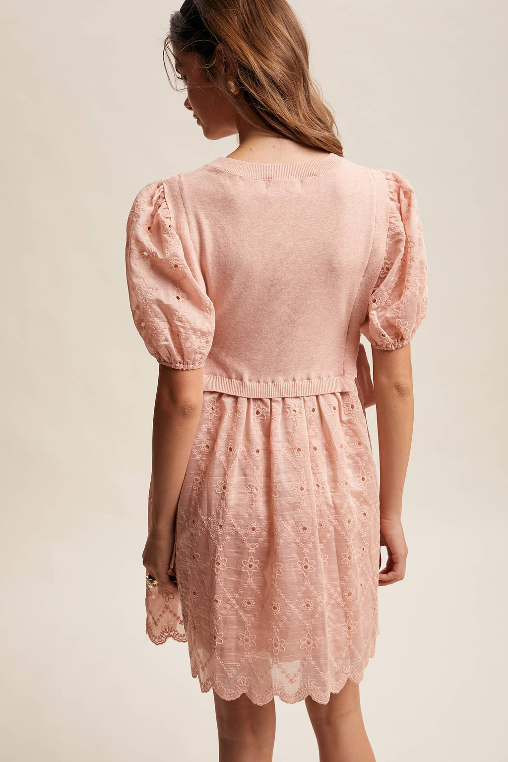 Embroidered Puff Sleeve Dress with Knit Vest LD1522