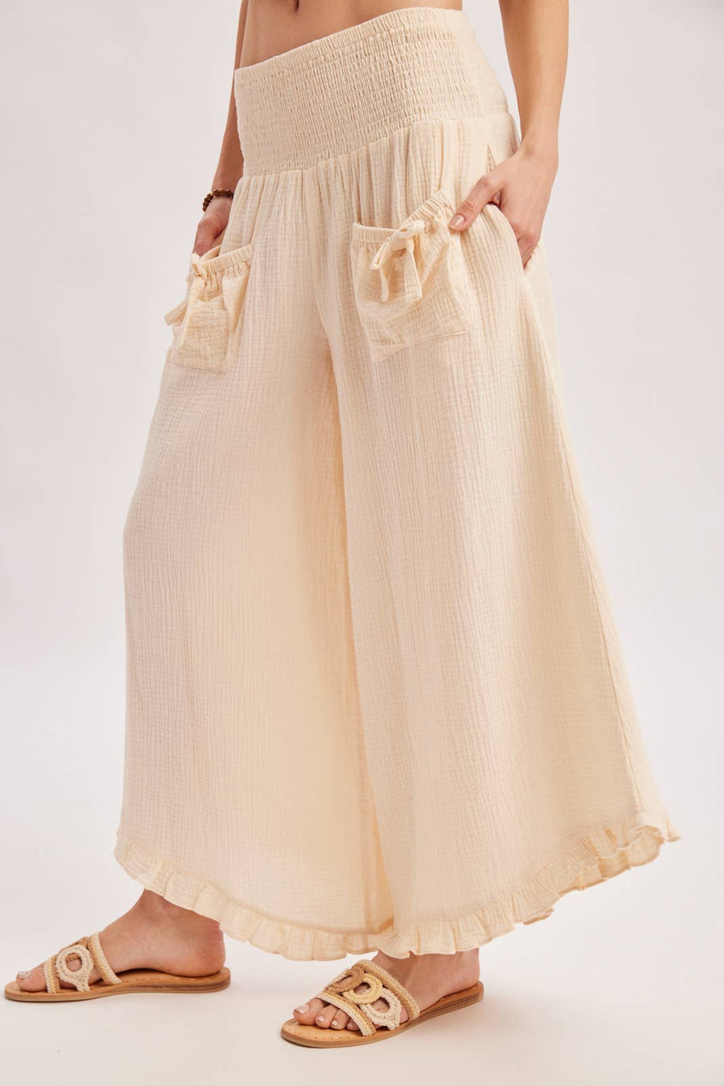 SMOCKED WAISTBAND RUFFLE TRIM WIDE LEG PANTS