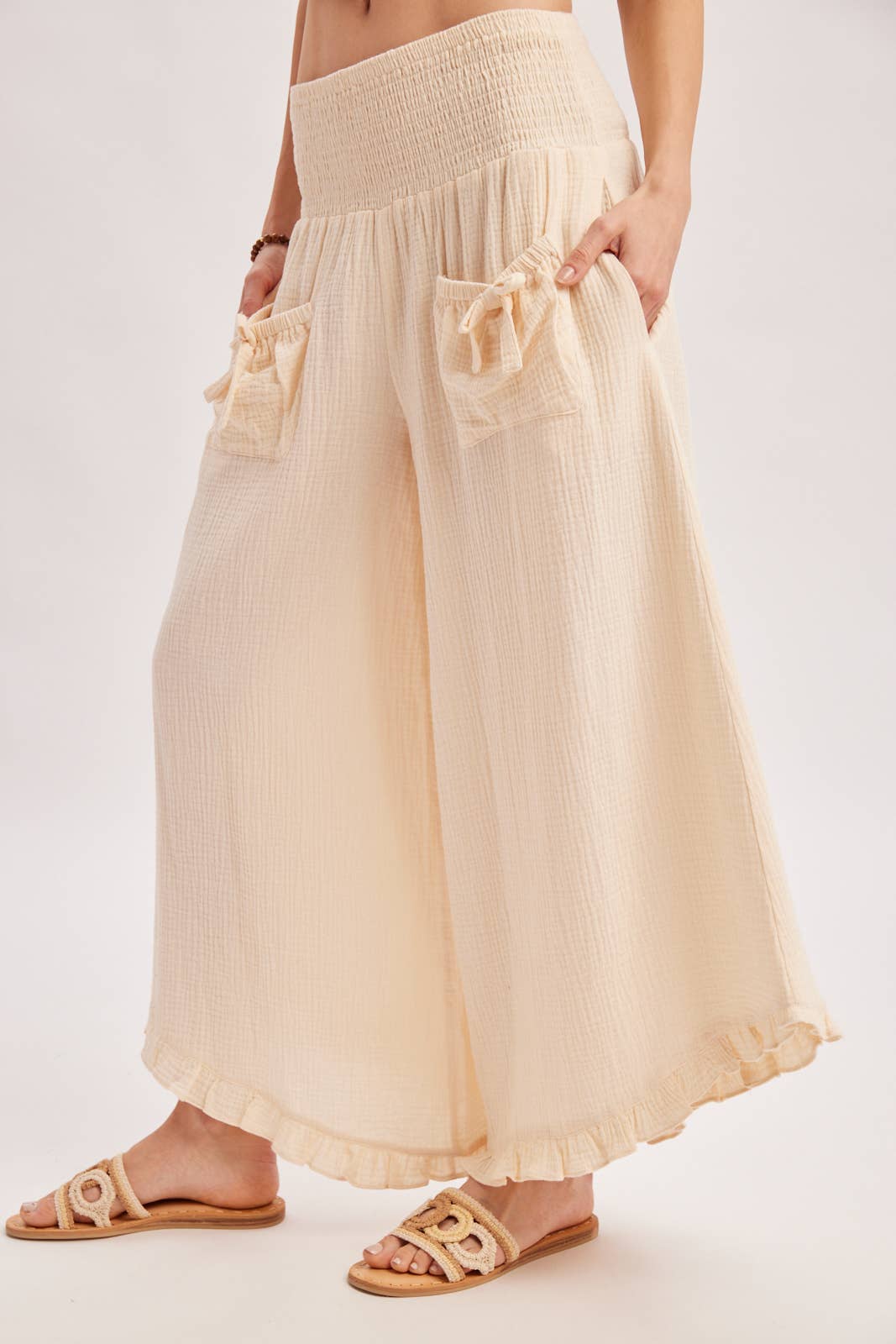 SMOCKED WAISTBAND RUFFLE TRIM WIDE LEG PANTS