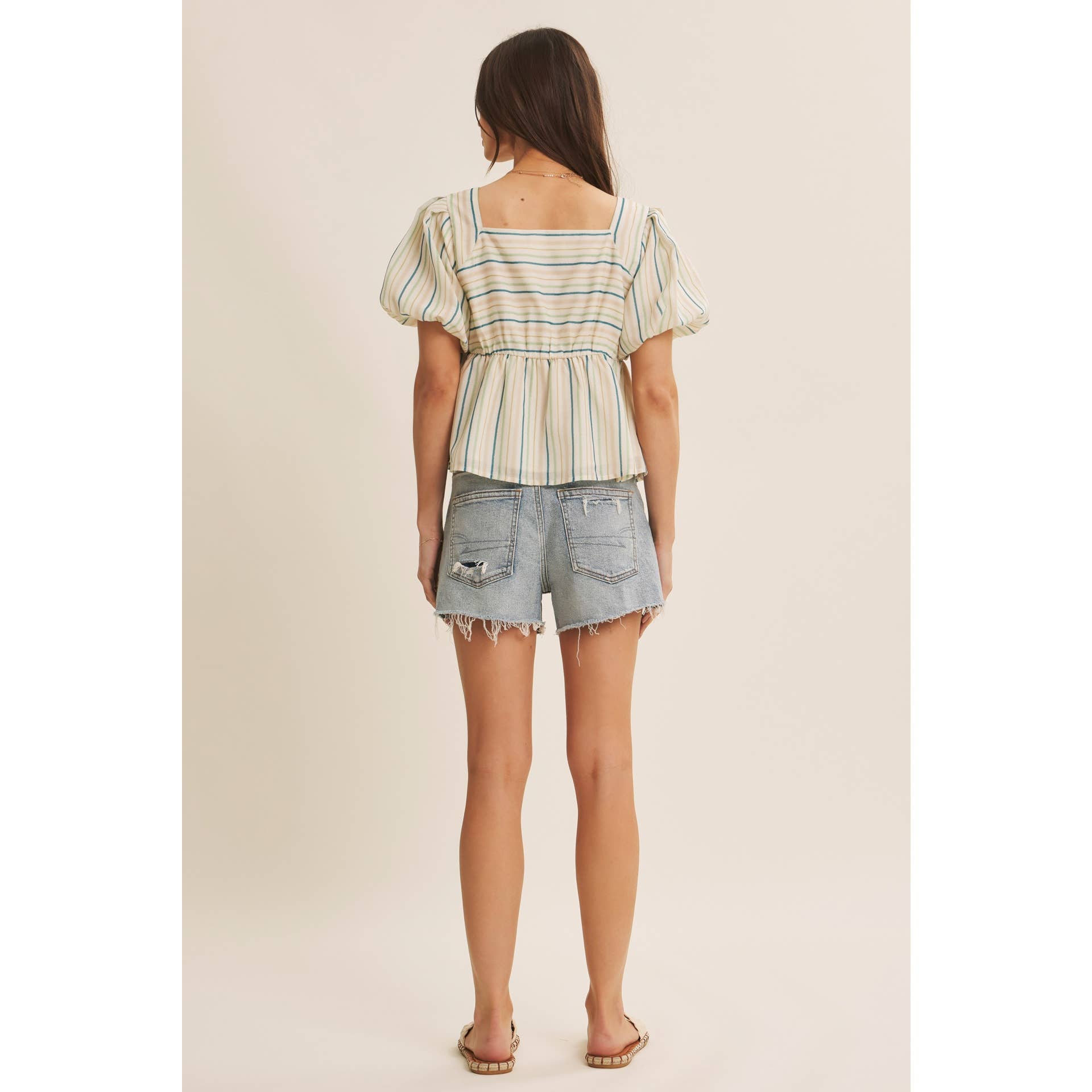 MULTI COLOR STRIPED BUBBLE SLEEVES BABYDOLL TOP