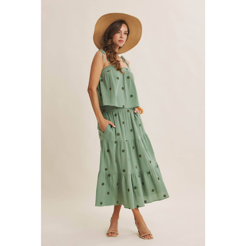 SUNSET FIELD EMBROIDERED COTTON GAUZE SMOCKED MIDI SKIRTS
