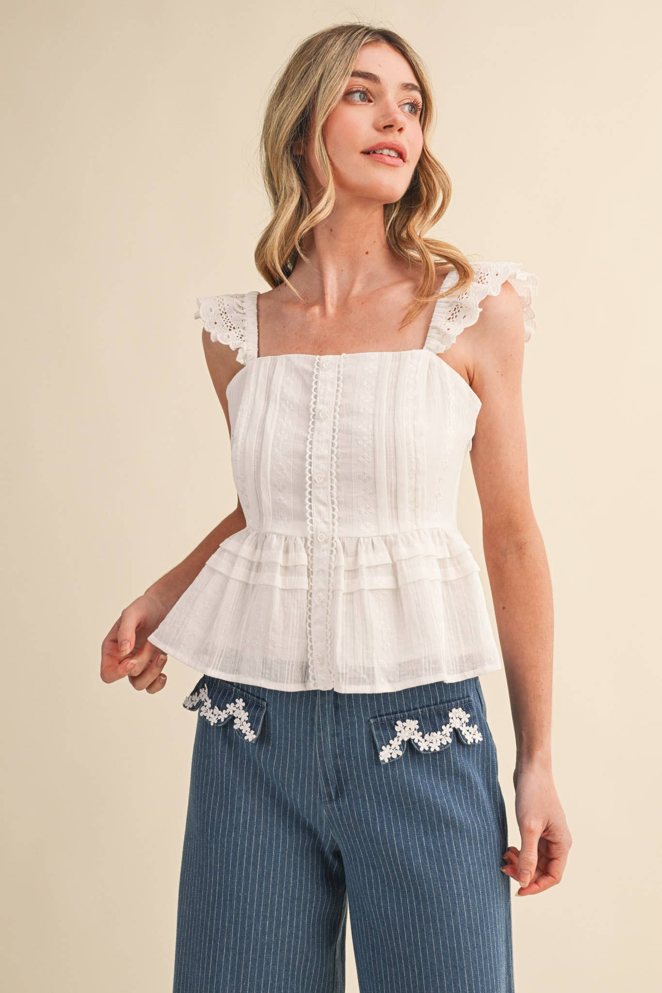 EYELET FLUTTER SLEEVE PEPLUM TOP MTP4953