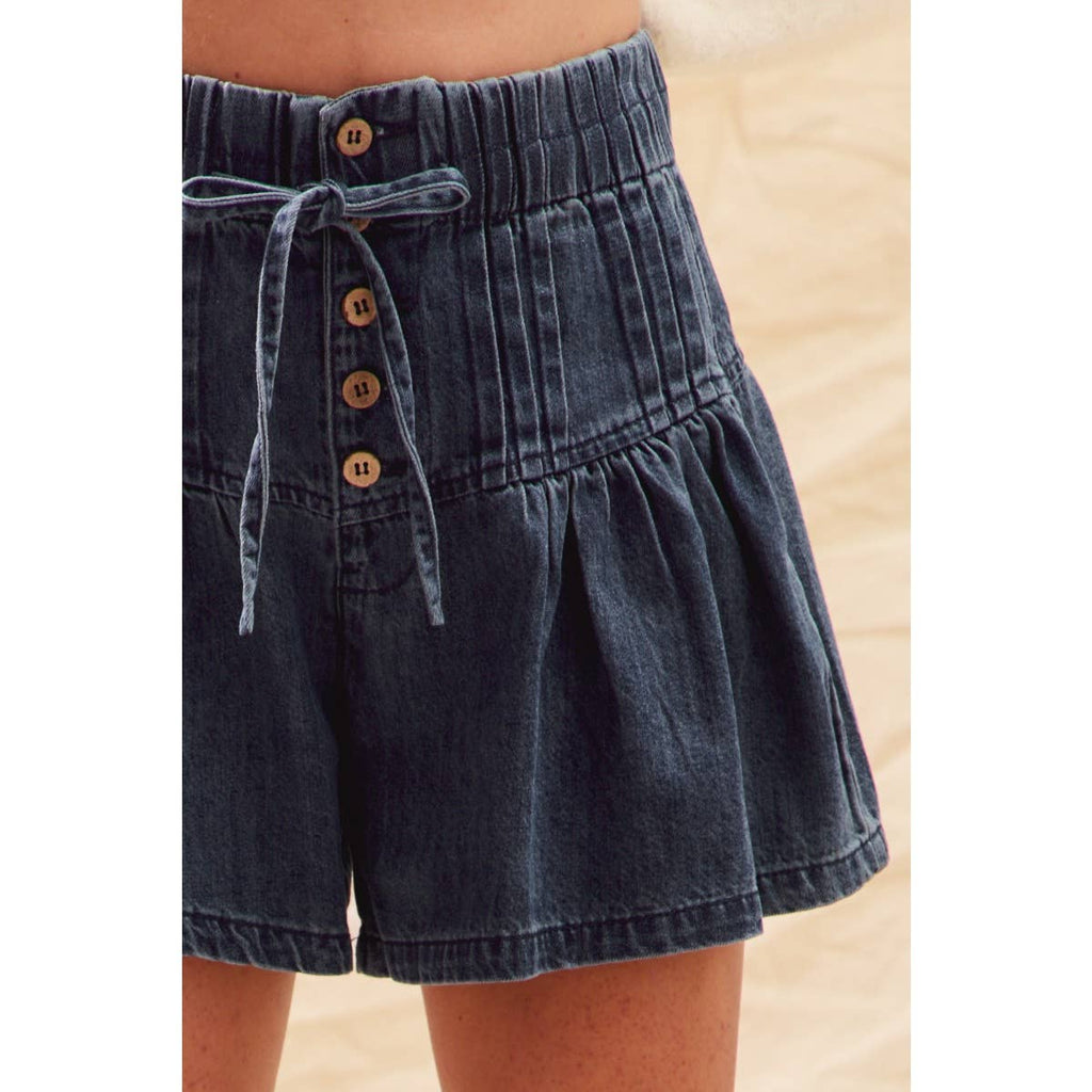 FLARED DENIM SHORTS WITH ELASTICIZED WAIST