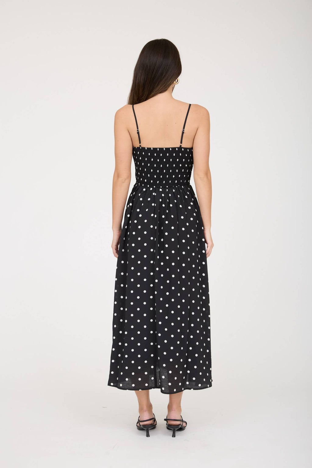 POLKA DOT SMOCKED BASQUE WAIST MIDI DRESS
