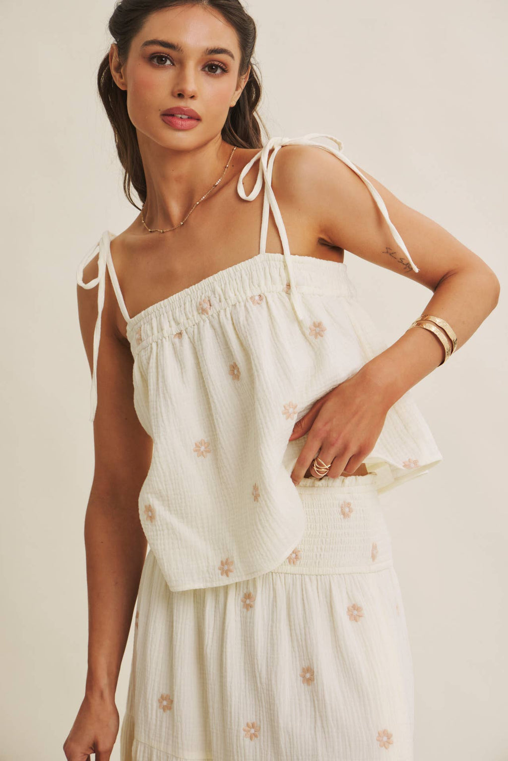 SUNSET FIELD EMBROIDERED COTTON GAUZE SMOCKED MIDI SKIRTS