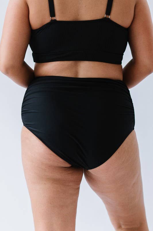 Black High Waisted Ruched Swim Bottoms