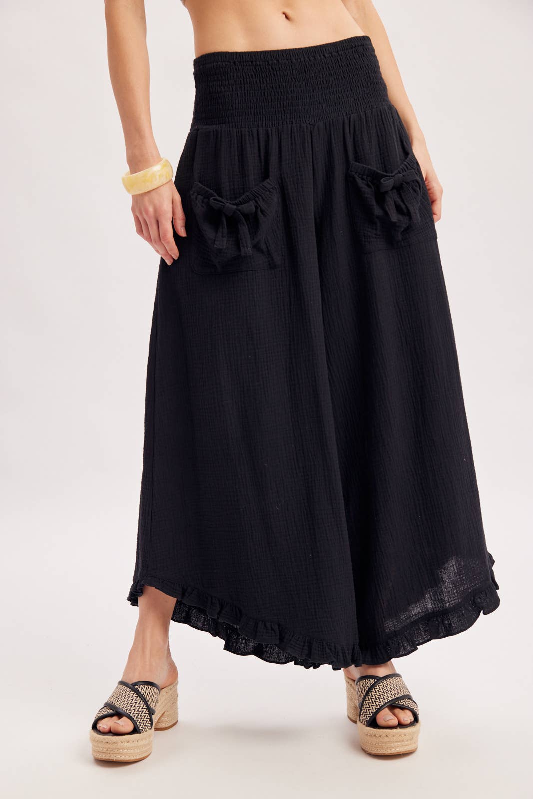 SMOCKED WAISTBAND RUFFLE TRIM WIDE LEG PANTS