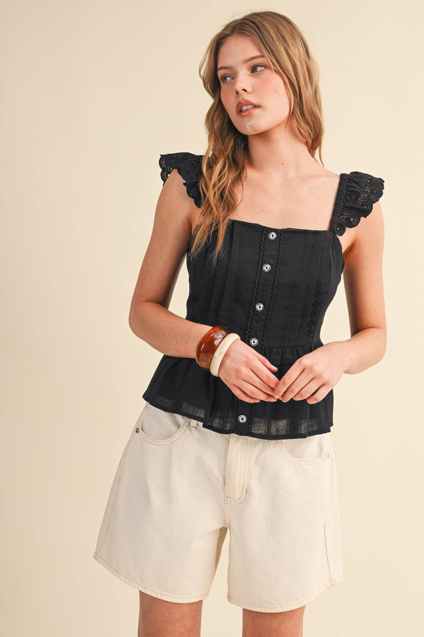 EYELET FLUTTER SLEEVE PEPLUM TOP MTP4953