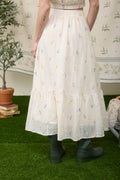 FLORAL EMBROIDERY CLIP DOT PATTERN MIDI SKIRT
