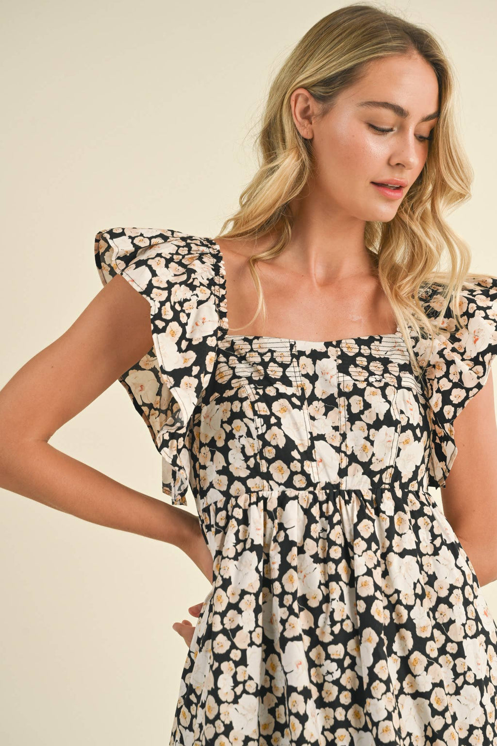 FLORAL PRINT RUFFLED FLUTTER SLEEVE MINI DRESS MDR3057