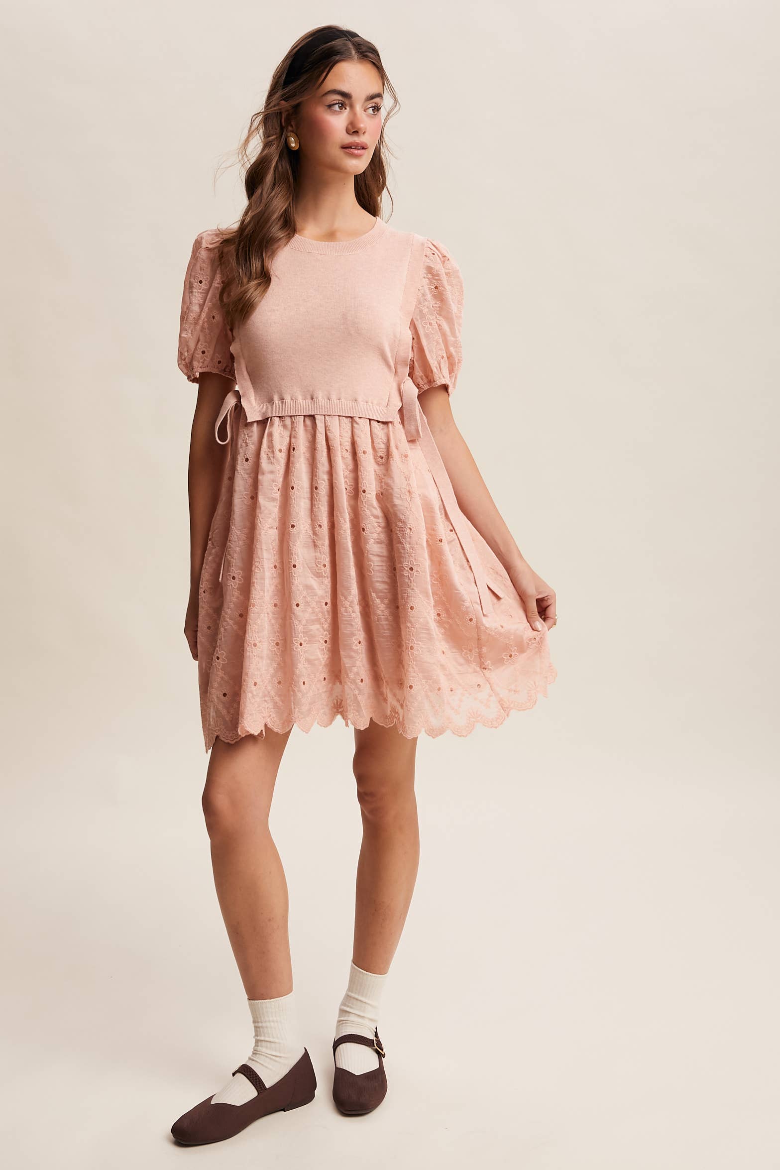 Embroidered Puff Sleeve Dress with Knit Vest LD1522