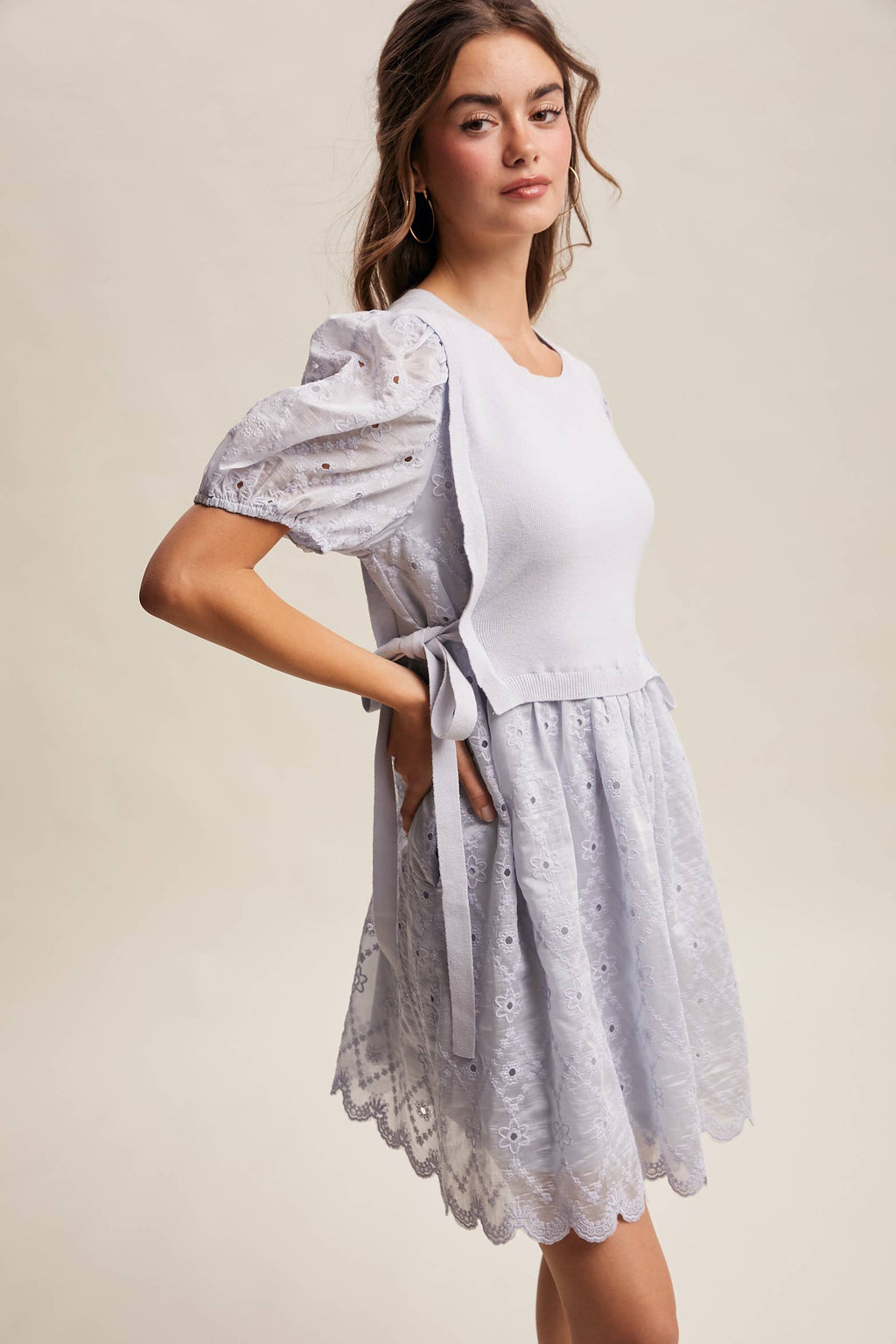 Embroidered Puff Sleeve Dress with Knit Vest LD1522