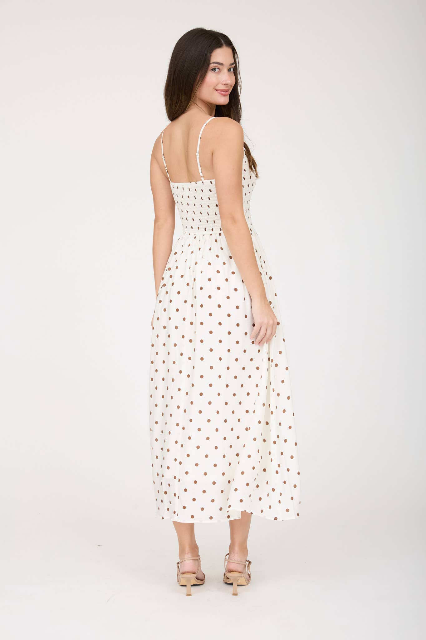 POLKA DOT SMOCKED BASQUE WAIST MIDI DRESS