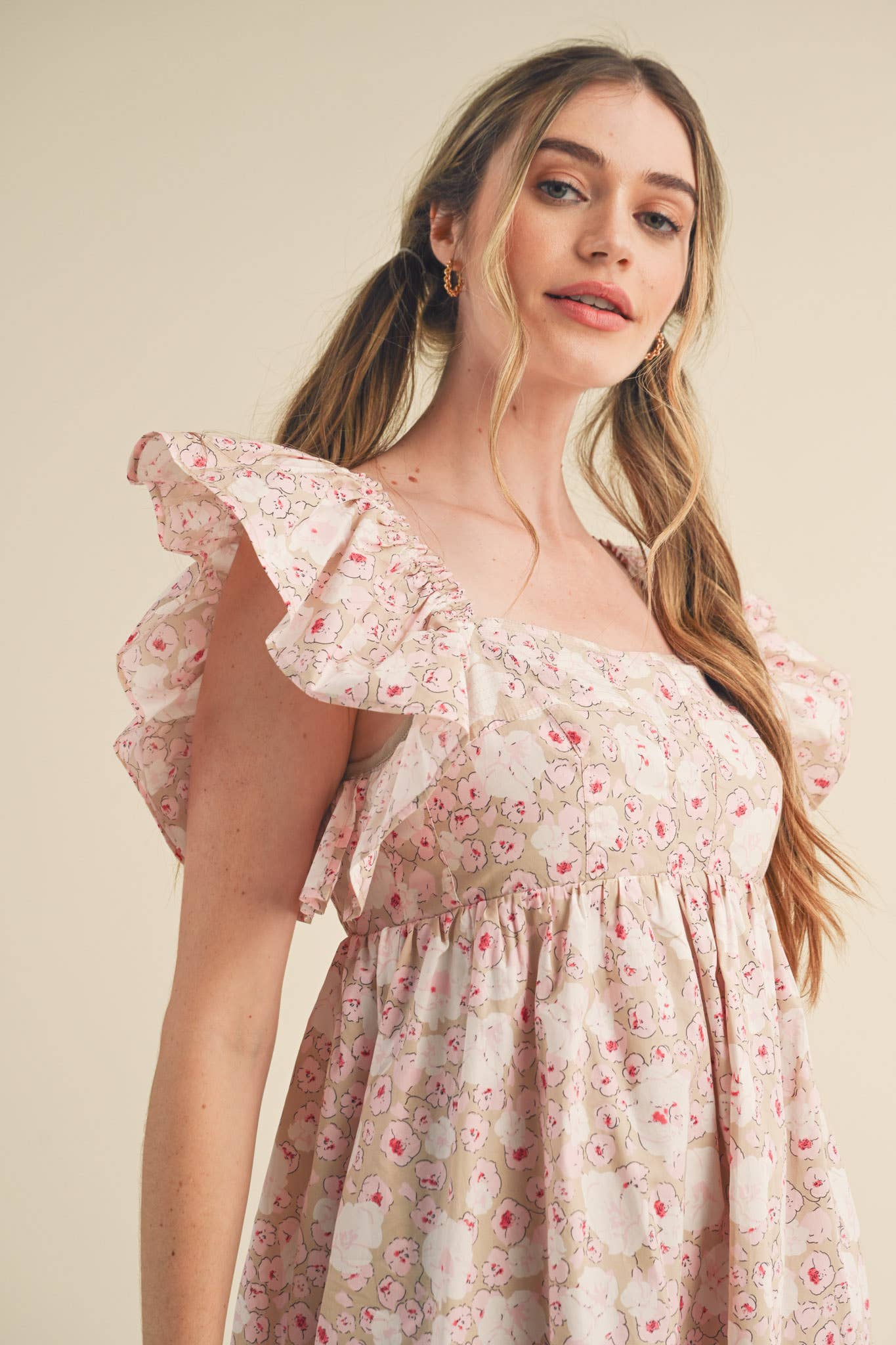 FLORAL PRINT RUFFLED FLUTTER SLEEVE MINI DRESS MDR3057