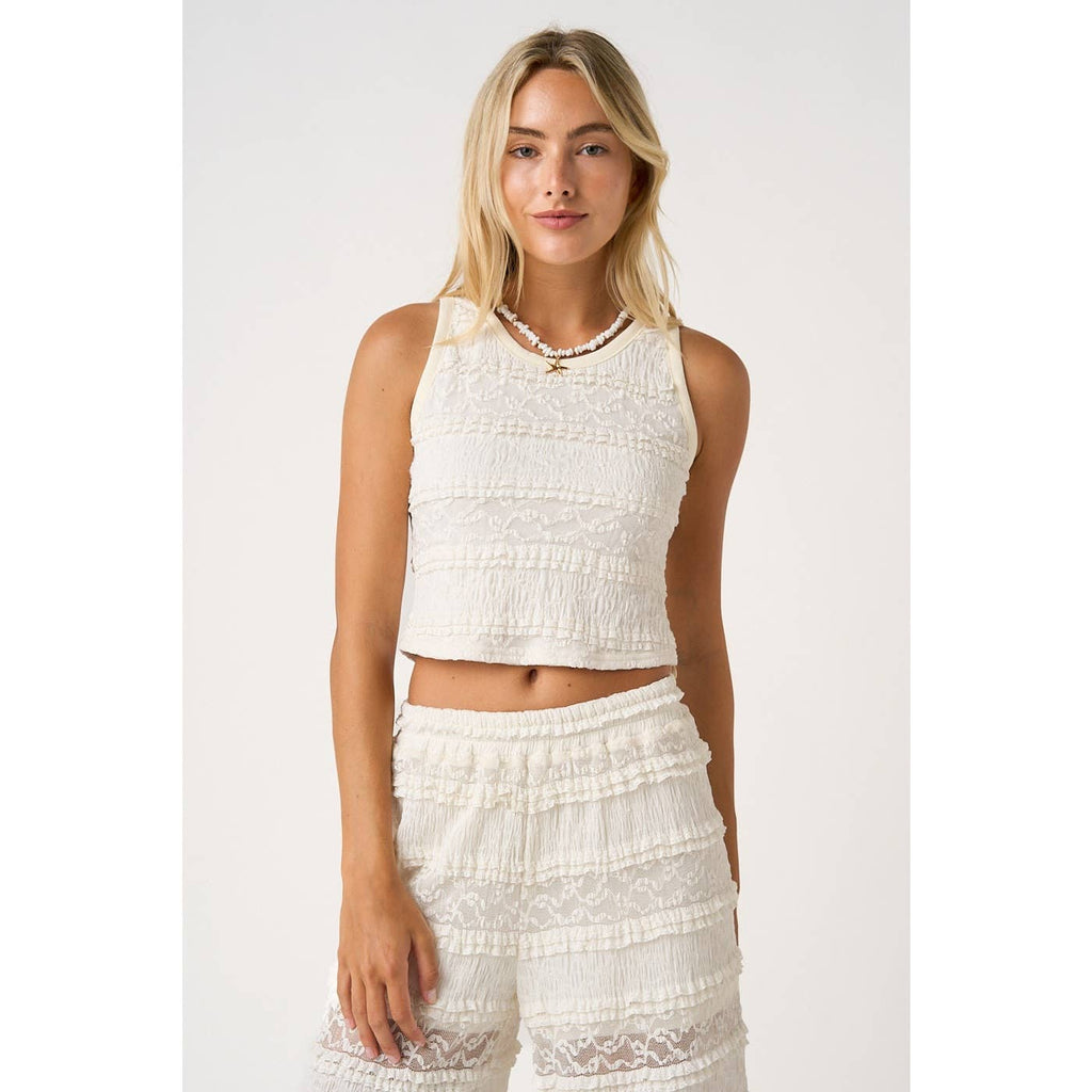 LACE RUFFLE CROPPED TANK TOP