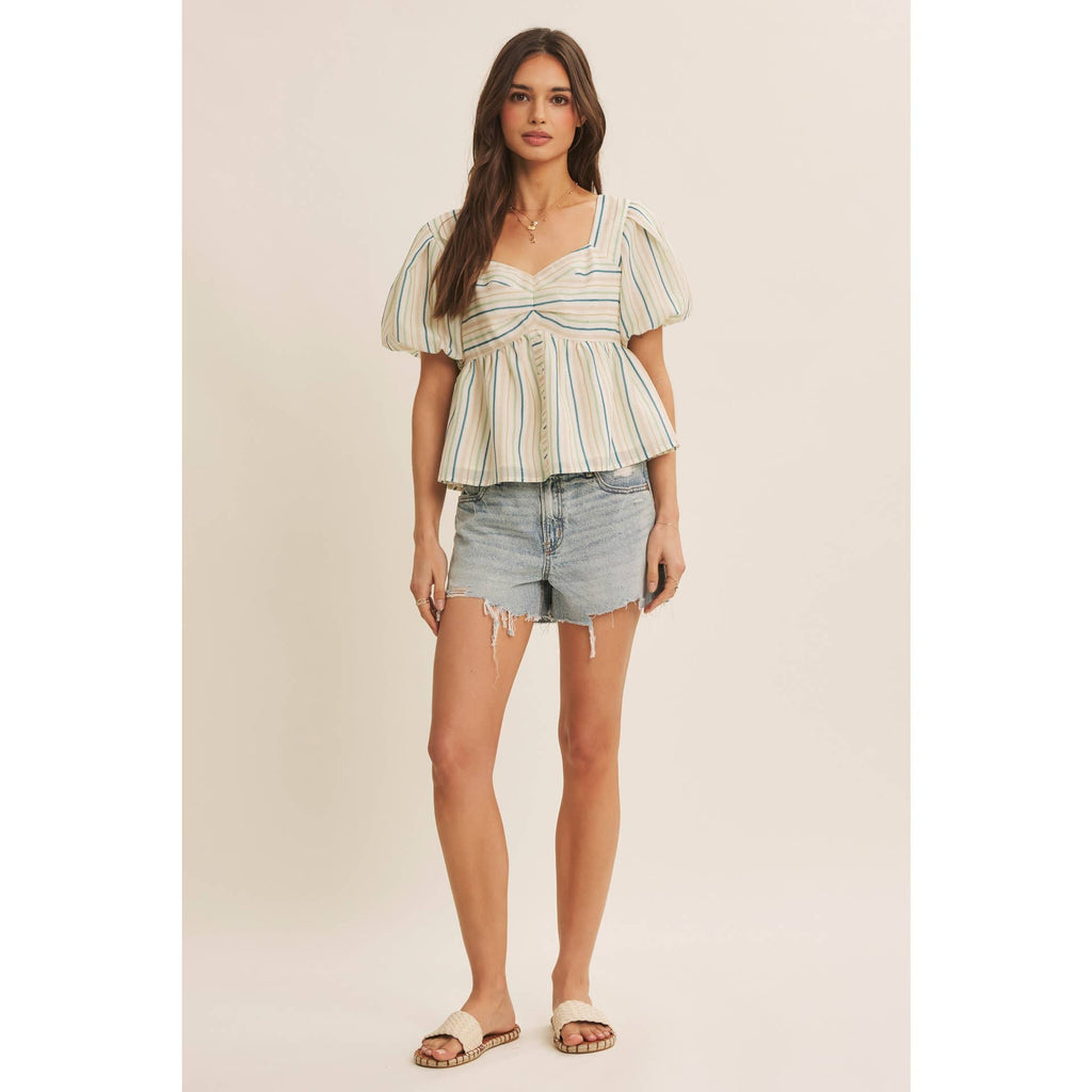MULTI COLOR STRIPED BUBBLE SLEEVES BABYDOLL TOP