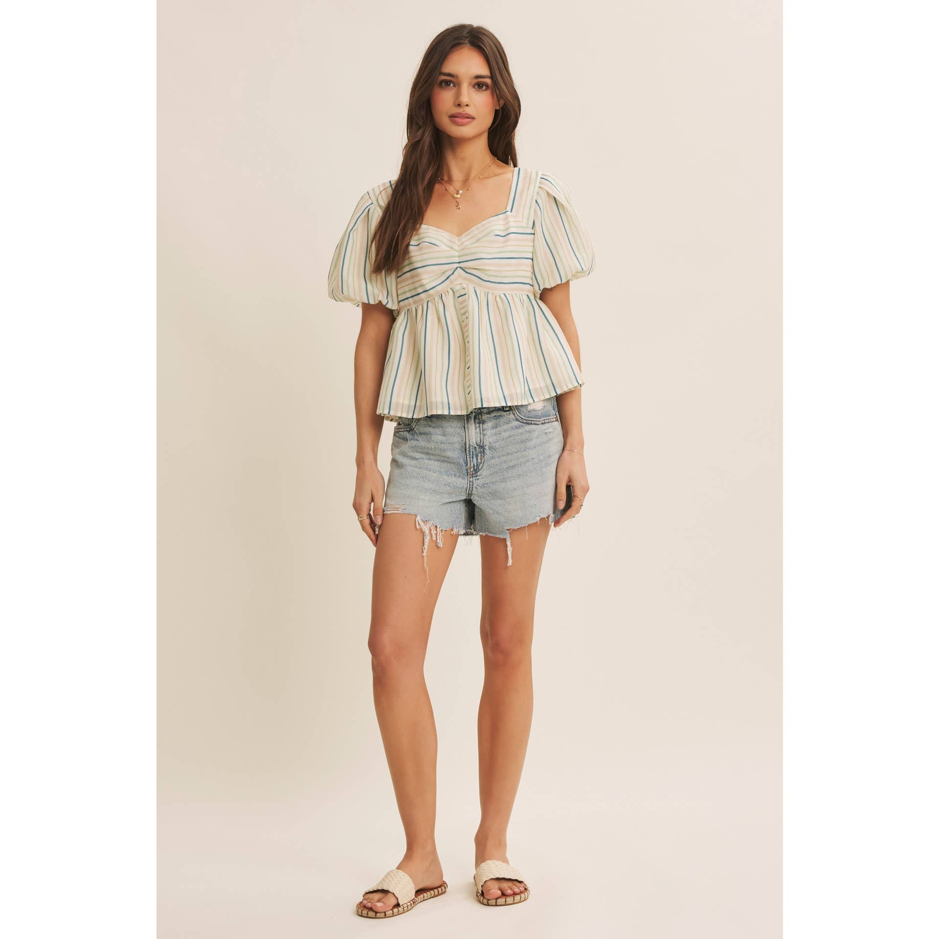 MULTI COLOR STRIPED BUBBLE SLEEVES BABYDOLL TOP