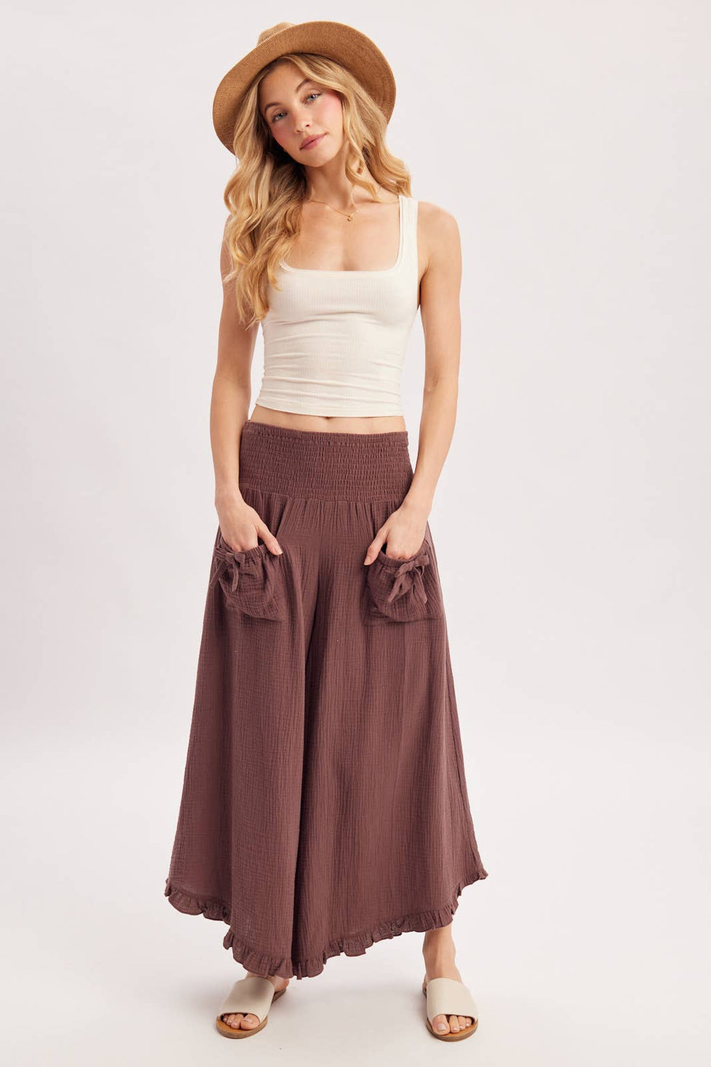 SMOCKED WAISTBAND RUFFLE TRIM WIDE LEG PANTS