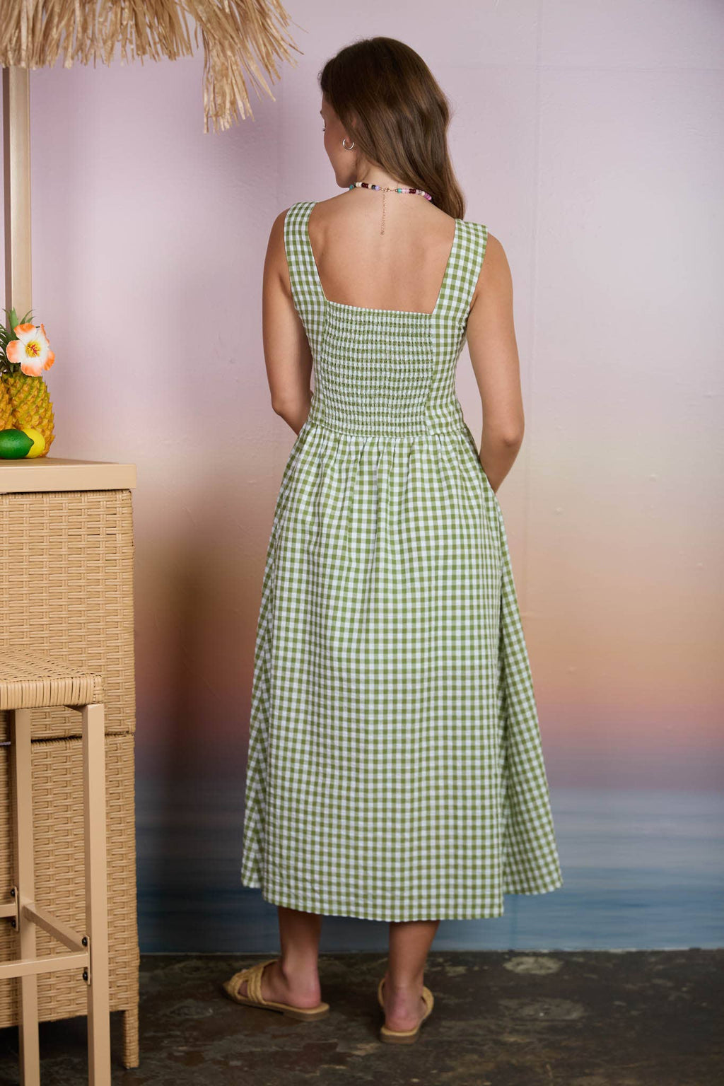 PLAID BASQUE WAIST SLEEVELESS MIDI DRESS