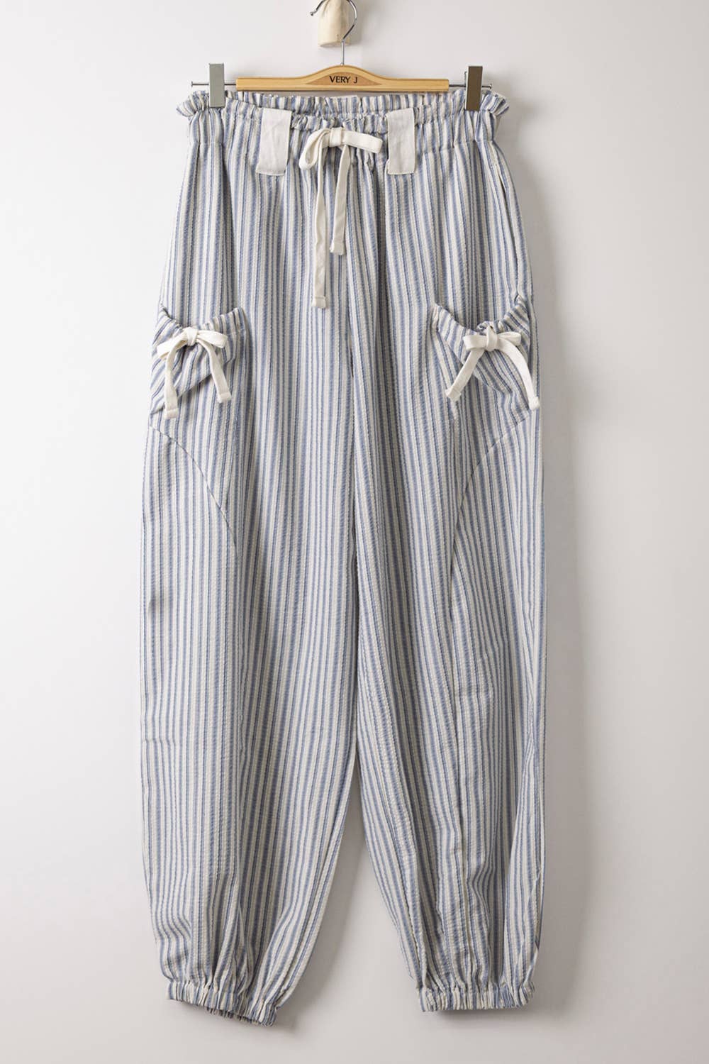 NP71004-Bow Detail Stripe Textured Woven Pants