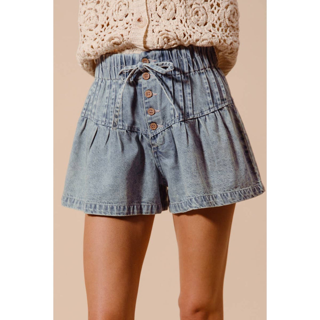 FLARED DENIM SHORTS WITH ELASTICIZED WAIST