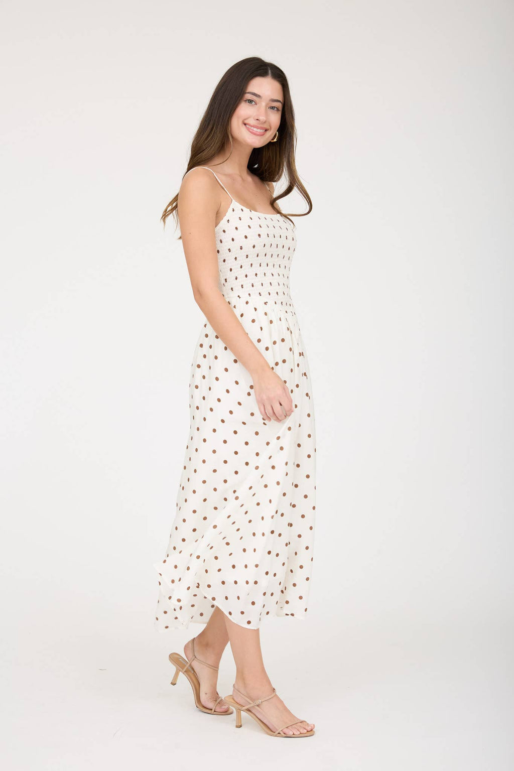 POLKA DOT SMOCKED BASQUE WAIST MIDI DRESS