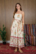 FLORAL BORDER PATTERN BELT STRAP MIDI DRESS